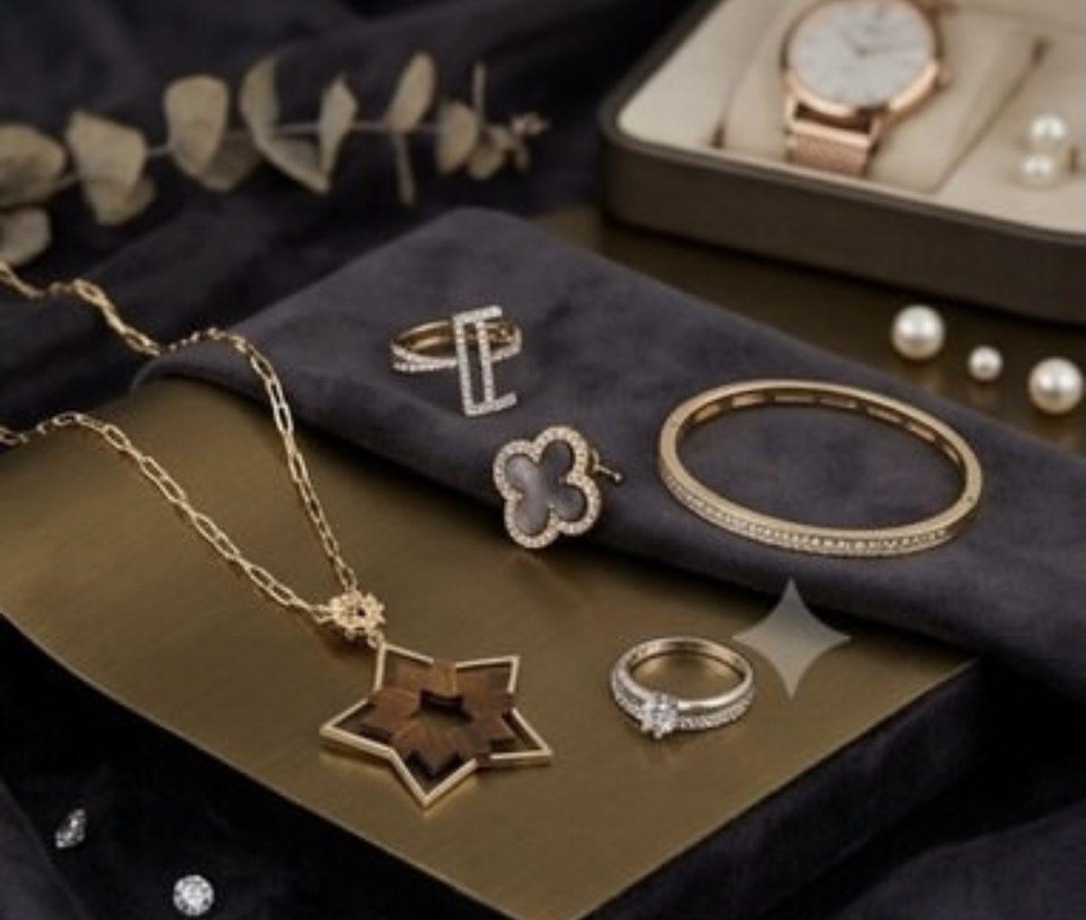 Necklaces, rings and a bangle laid out on dark velvet